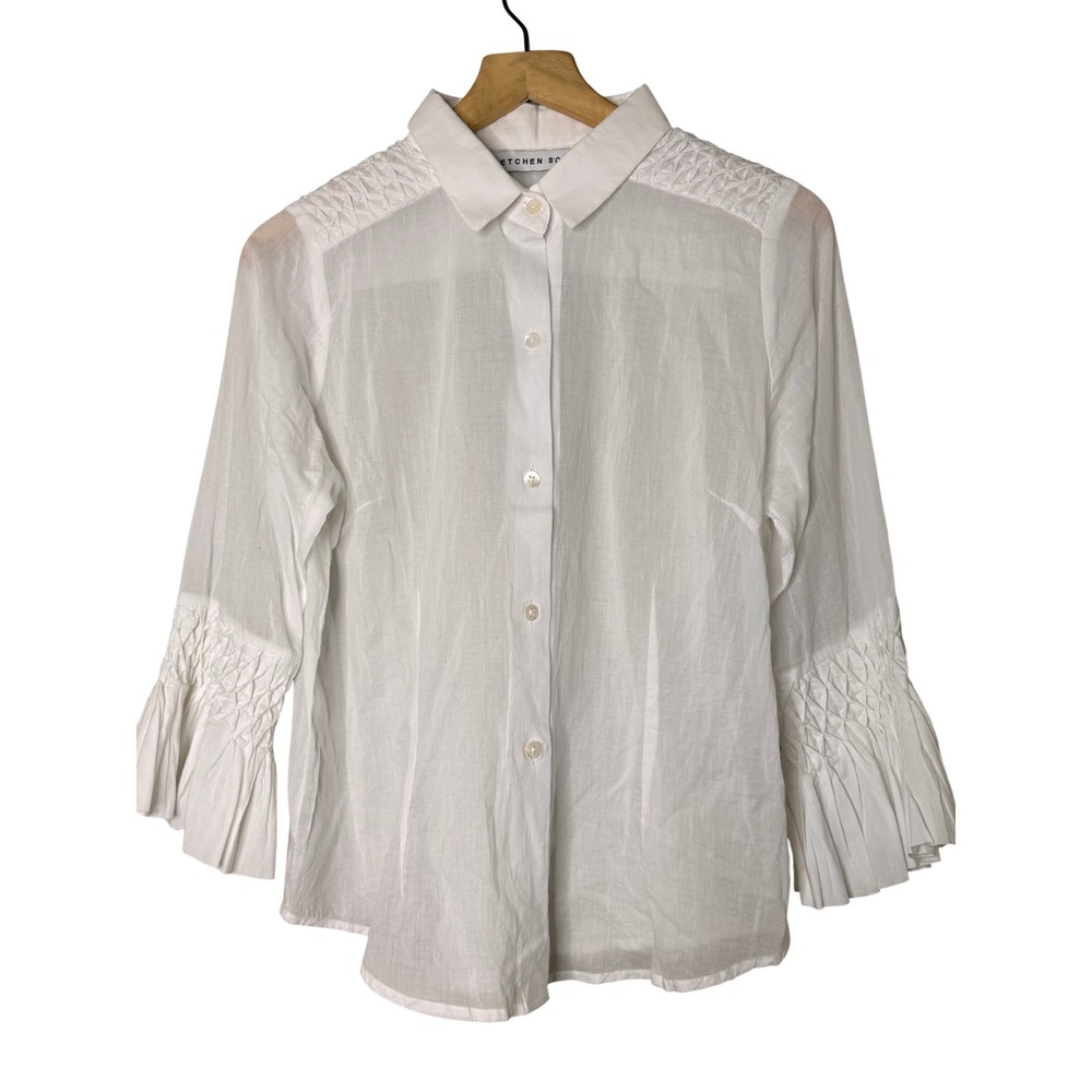 Gretchen Scott White Smocked Cotton Button Down Bell Sleeve Blouse Womens Medium